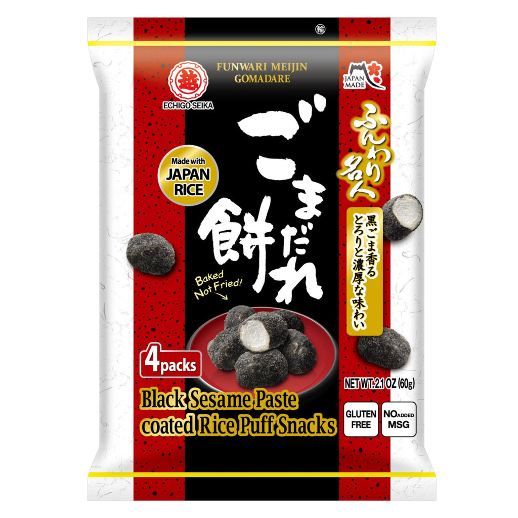 Echigo Seika Funwari Meijin GOMADARE - Black Sesame Paste Coated Rice Puff Snacks (4 Packs) 60g